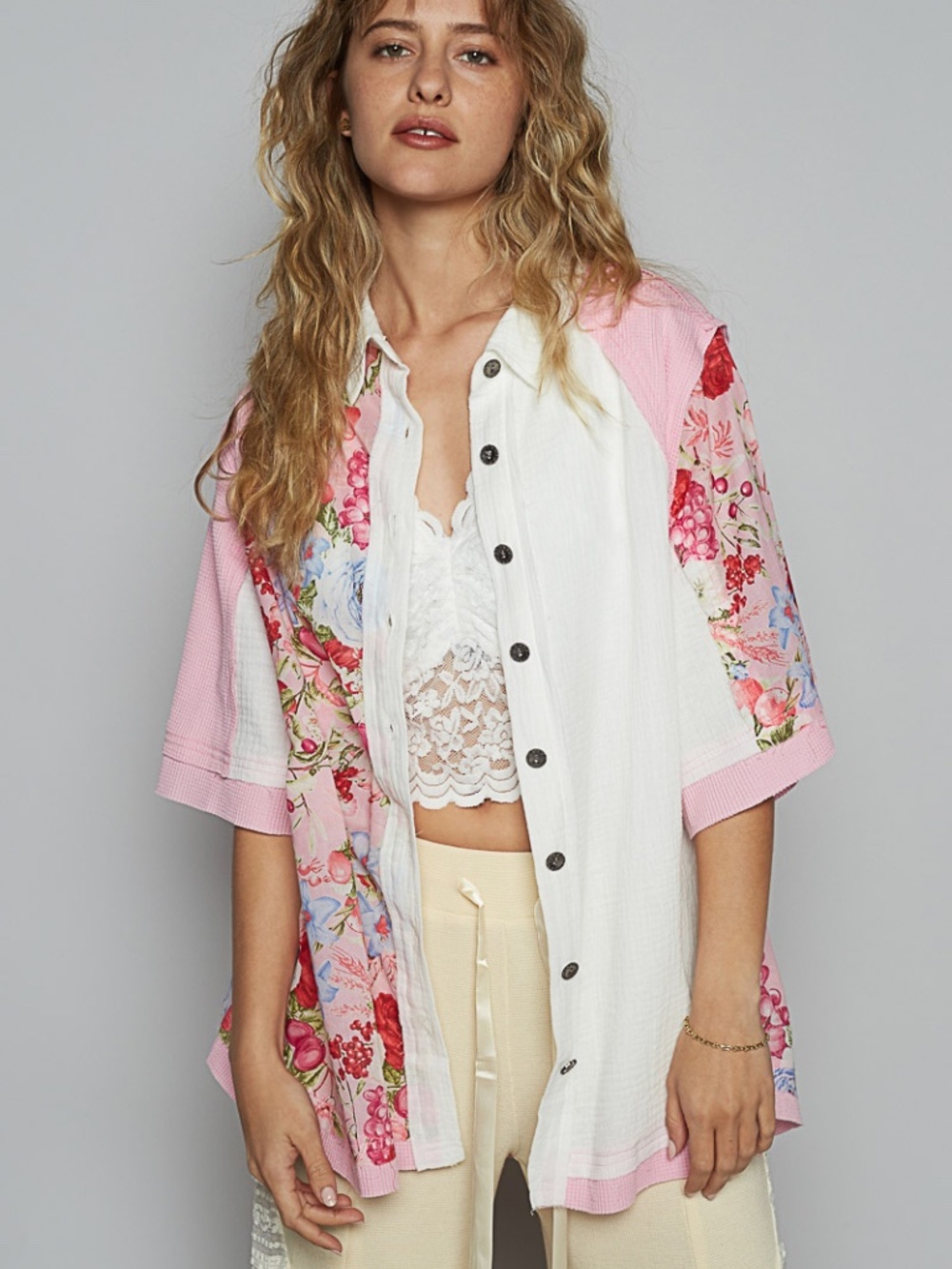 POL Mixed Media Floral Patchwork Button Front Oversized Shirt NWT